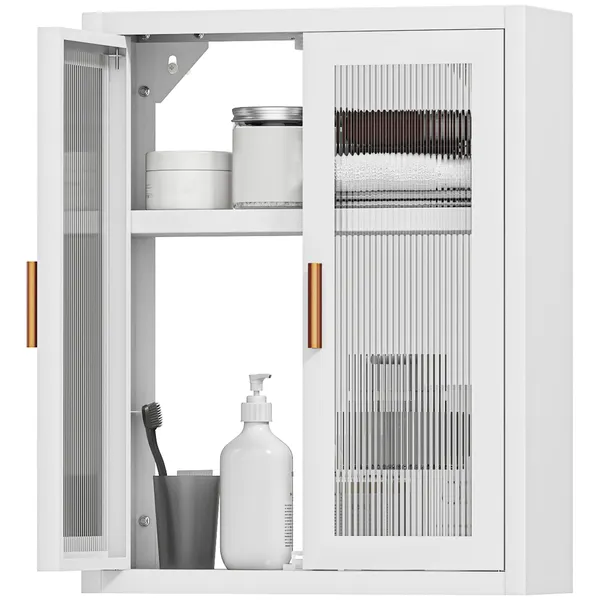 Armário de Casa de Banho de Parede Móvel Suspenso Moderno com Portas de Acrílico Prateleira Ajustável Fecho Magnético Armário de Arrumação para Lavandaria sobre o Sanitário 40x14x50 cm Branco