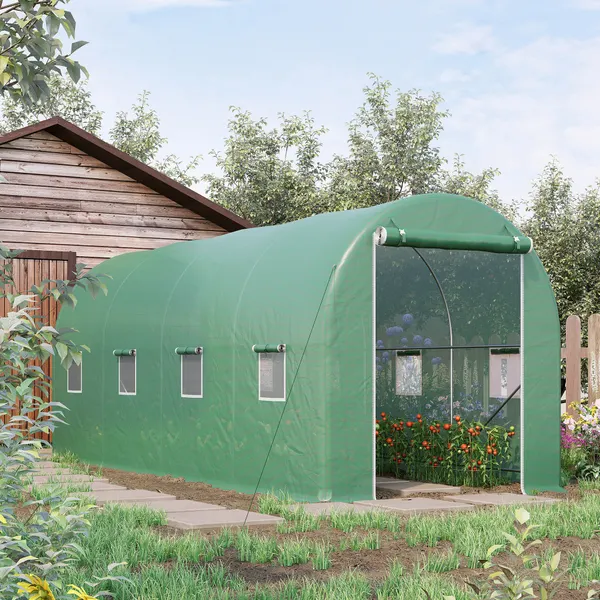 Estufa tipo Tunel 500x200x205 cm Estufa de Jardín con Puerta Enrolable y 8 Ventanas Cobertura PE 140 g/m2 Estructura de metal para cultivo de plantas Verduras Verde