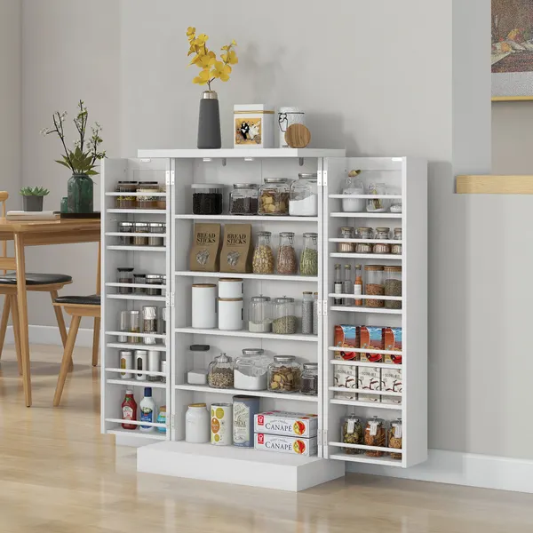 Armário de Cozinha Armário Despensa Cozinha com 2 Portas 16 Prateleiras Aparador Moderno com Prateleiras Ajustáveis para Sala de Jantar Sala 60x30x104 cm Branco