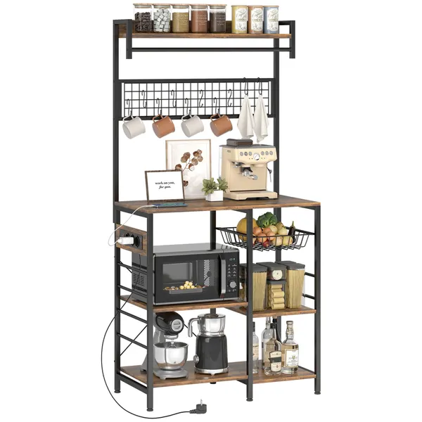 Estante de Cozinha com Três Tomadas e Luzes LED Estante Estilo Industrial com Prateleiras para Micro-ondas Cesto em Malha Metálica Ganchos Barra 80x42x162 cm Castanho Rústico e Preto