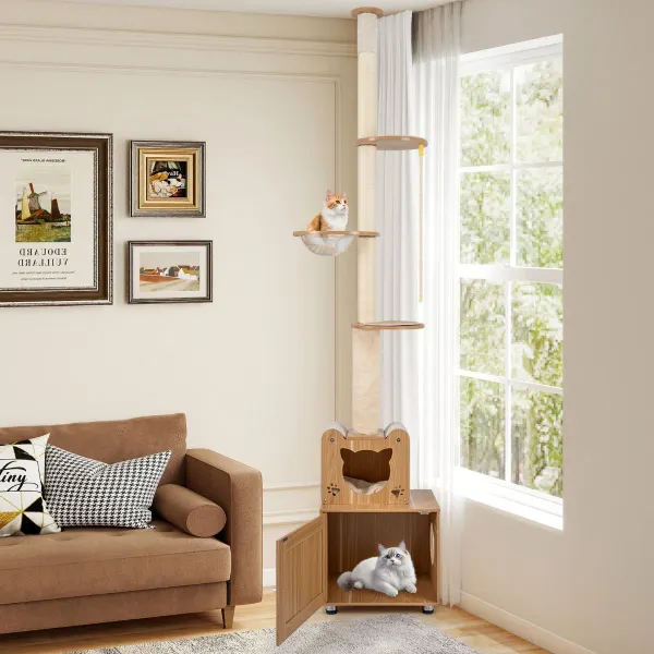 Árbol de Gato de Piso a Techo para Gatos de Interior 256-275 cm Altura Ajustable Torre de Gato con Caja de Arena Cápsula Espacial Verde