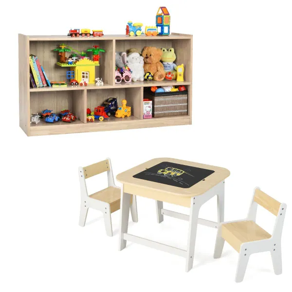Set de Muebles Infantiles Mesa Doble Cara con Librería 5 Cubos Blanco+Natural