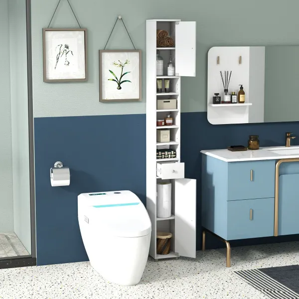 Armadio Stretto Bagno Alto con Cassetto e 5 Ripiani Regolabili 20 x 20 x 180 cm