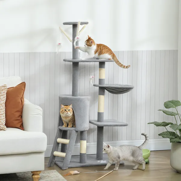 Arranhador para Gatos de 134 cm Torre para Gatos com Caverna Plataformas Rato de Brinquedo Rede e Postes de Sisal 60x35x134 cm Cinzento