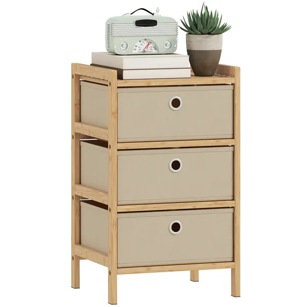 Cómoda de Bambu com 3 Gavetas de Tecido para Espaços Pequenos, Ideal para Quarto, Sala ou Escritório, Creme e Madeira