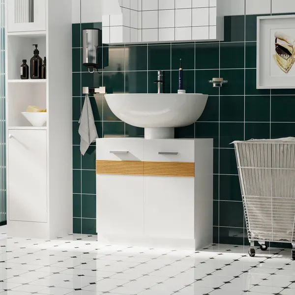 Móvil para Lavatorio Pousar Armário Casa de Baño de Madeira con 2 Puertas y Prateleira Interior Estilo Moderno 60x30x60,5cm Blanco