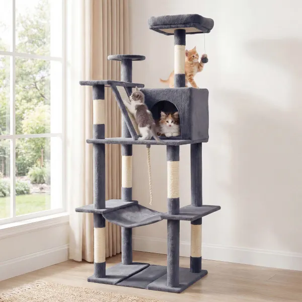 Arbre à Chats 158cm Multiniveaux avec Perchoir Rembourré Condos Hamac Poteaux Sisal Rampe Gris Foncé