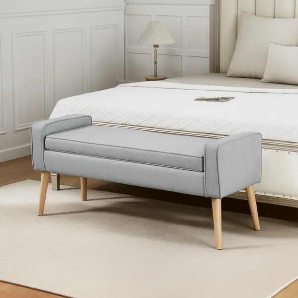 Banco de Armazenamento Baú de Armazenamento Estofado em Linho com Tampa Abatível e Pés de Madeira para Dormitório Sala de Estar Entrada Carga 120kg 120x45x54 cm Cinza Claro