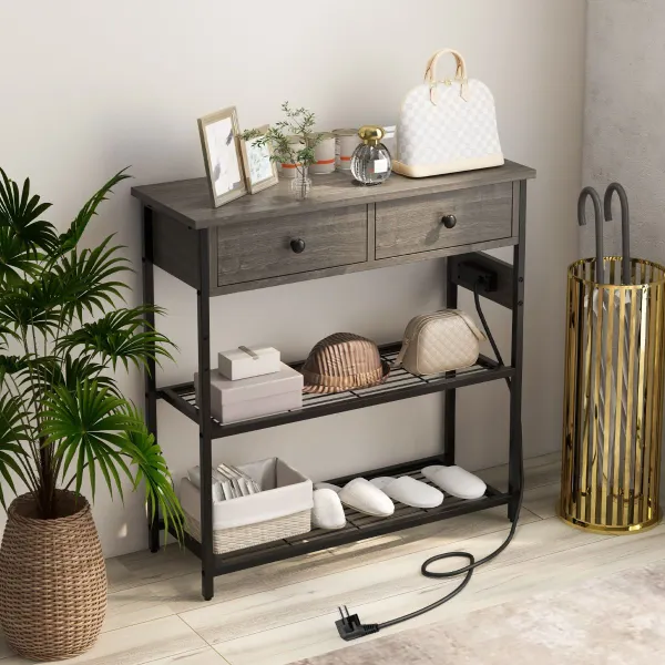 Console d'Entrée avec Station de Charge USB Tiroirs Étagères 81x30x81cm
