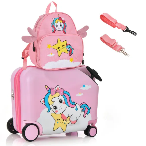 Conjunto Mochila e Mala de Viagem Infantil Sereia com Rodas e Pega Ajustável