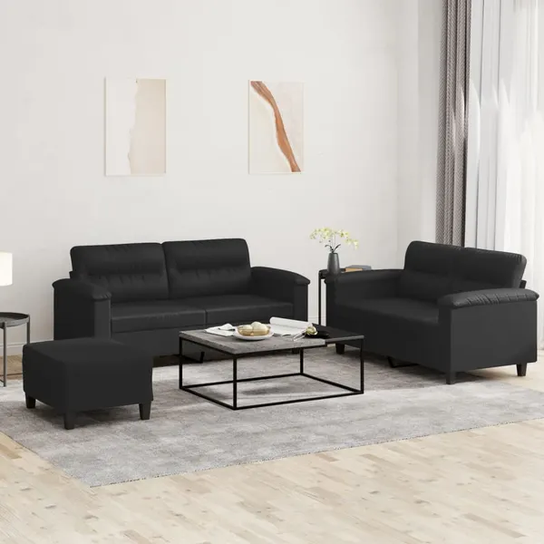 3 pcs conjunto de sofás com almofadões couro artificial preto