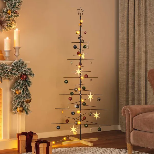 Árvore de Natal de metal com base em madeira 180 cm preto