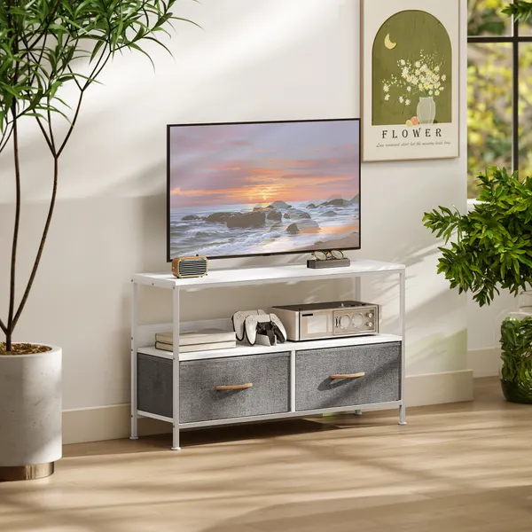 Móvel de TV com Prateleira e 2 Gavetas de Tecido Dobráveis para Televisores até 47 Polegadas para Sala Quarto 98x29x56 cm Branco e Cinza