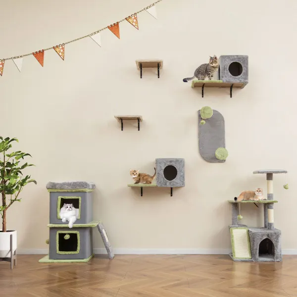 Conjunto de Muebles para Gatos 3 en 1 con Estantes de Pared Modular con Condominio y Árbol para Sala de Estar Dormitorio Gris