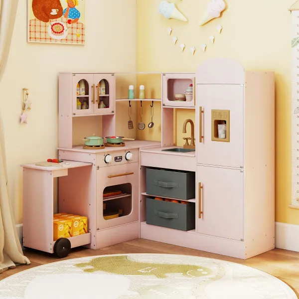 Cozinha de Brincar de Canto com Luzes e Sons Bancada Retrátil Rosa 3+