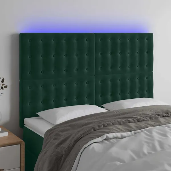 Cabeceira de cama c/ LED veludo 144x5x118/128 cm verde-escuro