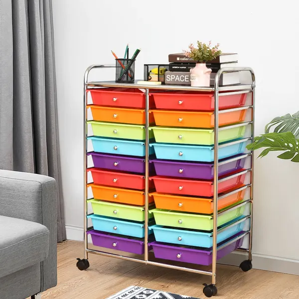 Chariot de Rangement 20 Tiroirs Organiseur Multifonction Roulettes Pivotantes 64x39x88 cm