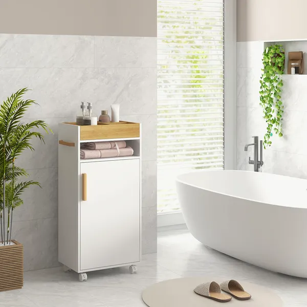 Armário Casa de Banho Moderno Móvel Auxiliar Casa de Banho com Prateleiras Ajustáveis Armário Bandeja Amovível e Rodas 40x30x88 cm Branco e Carvalho