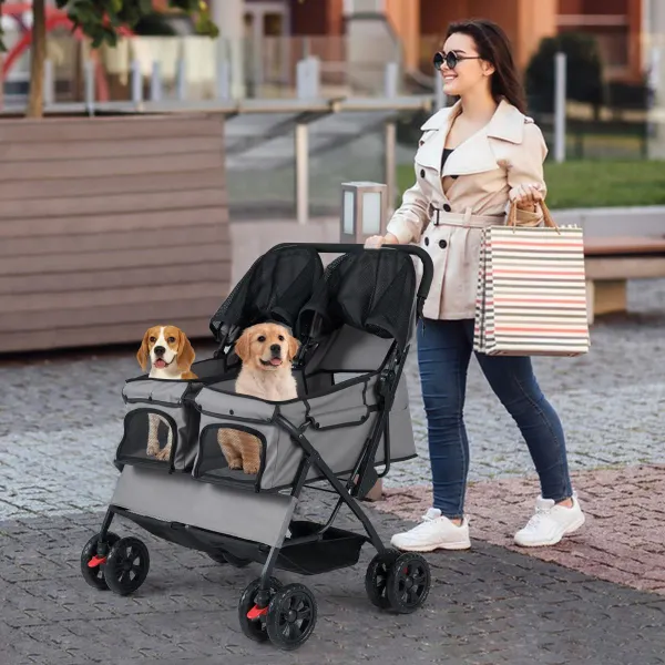 Carrinho Doble para Animais Plegável com 2 Lugares, Sombrinha Ajustável e Cesta Cinzento