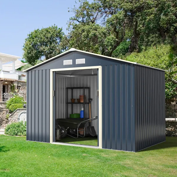 Abri de Jardin Métallique avec 2 Extensions Acier 4 Aérations Portes Coulissantes 277cm