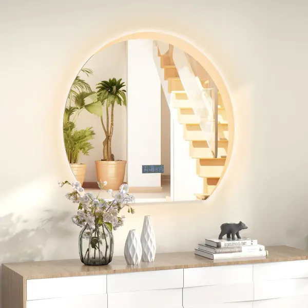 Miroir de Salle de Bain LED Dimmable 3 Couleurs avec Mémoire, Horloge et Température 53x60cm