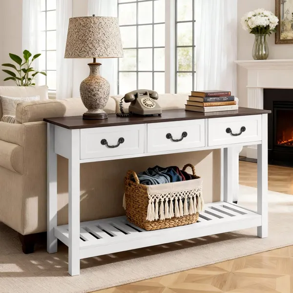 Mesa consola 120 cm, gavetas, prateleira, madeira, branco/castanho