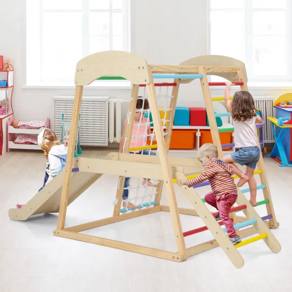 Parc de Jeux Intérieur 6 en 1 avec Barres Toboggan Corde et Escaliers en Bois