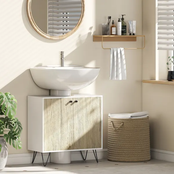 Móvel para Lavatório Pousar de Madeira Armário Casa de Banho com 2 Portas Prateleira e Pés de Aço 60x30x60cm Carvalho e Branco
