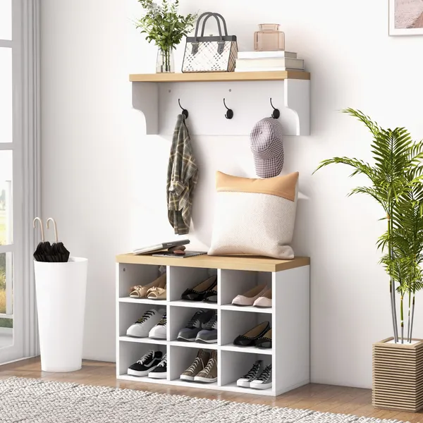 Móvil Cabide de Entrada con Banco Sapateira 2 en 1 Muebles de entrada con 3 Ganchos y Prateleiras para 9 Pares de zapatos 75x30x50 cm y 75x20x22,5 cm Blanco