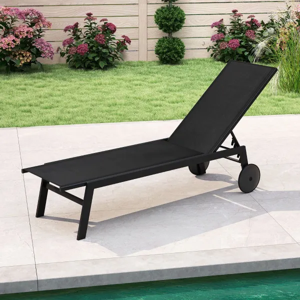 Transat d'Extérieur avec Dossier Réglable 6 Positions Chaise Longue Piscine Terrasse Jardin Noir