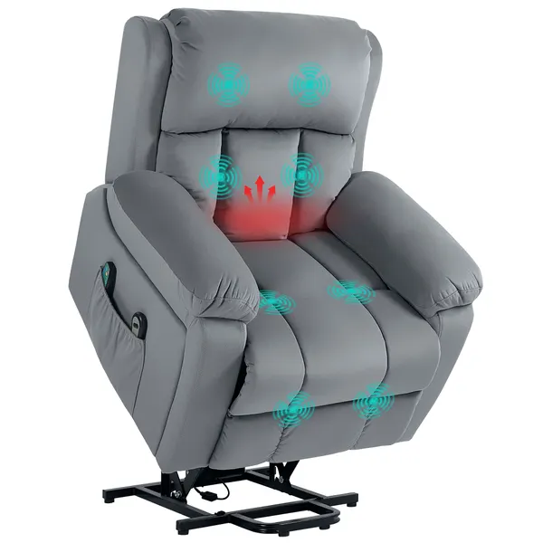 Poltrona Reclinável Elétrica com Função de Elevação, Massagem Vibratória e Calor, Comandos Remotos, Apoio para Pés, Pele Sintética, Bolsos Laterais, Cinzento