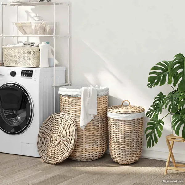 Cesta de roupa com tampa 2 pcs Cinza Kubu Rattan Kubu