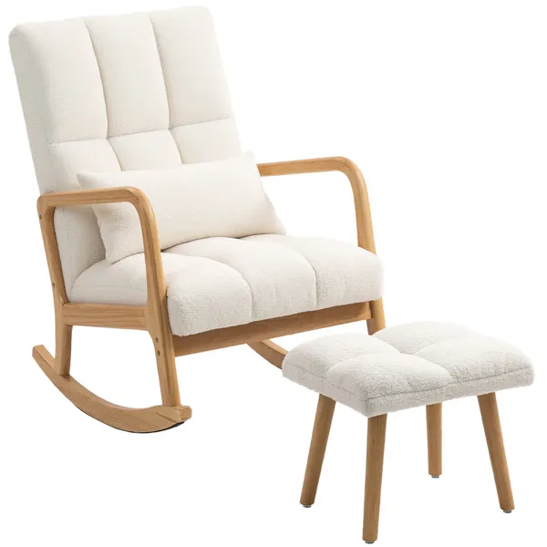 Poltrona de Baloiço com Apoio para os Pés Cadeirão de Relax Estofado em Bouclé com Almofada Acolchoada Encosto Ergonómico Apoios de Braços e Pés de Madeira Capacidade 120 kg 64,5x82x89 cm Branco
