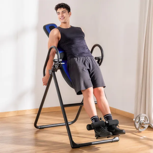 Mesa de Inversão Dobrável com Rodas Banco de Inversão Ajustável em Altura e Ângulo com Apoio Lombar para Aliviar as Costas Capacidade 110 kg Aço 32x71x145 cm Preto e Azul