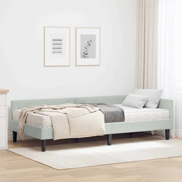 Estrutura de Cama de Canto com Colchão 2 pcs Cinzento-claro