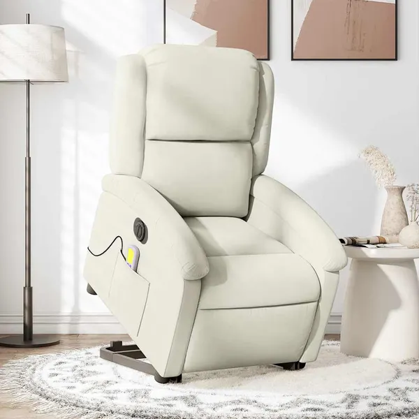 Poltrona massagens reclinável elevatória elétrica veludo creme