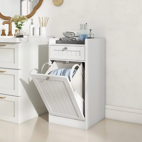 Mobile Biancheria Bianco con Cesto Ribaltabile Cassetto e Borsa Laundry Removibile