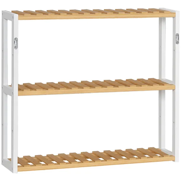 Estante de Parede de Bambu Prateleiras de Parede de 3 Níveis Estante Suspensa para Sala de Estar Dormitório Cozinha Casa de Banho 60x15x54cm Madeira e Branco