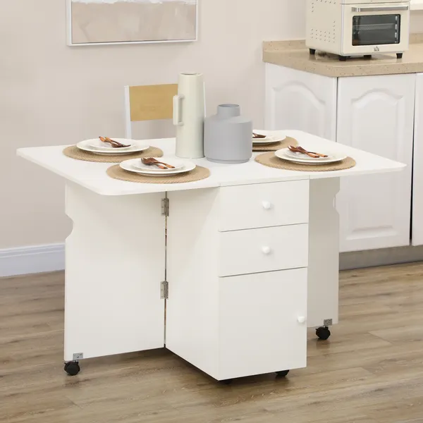Mesa de Cozinha Dobrável Mesa de Cozinha Extensível Laterais Dobráveis com 6 Rodas e 2 Gavetas de Armazenamento de Estilo Moderno 120x80x75 cm Branco