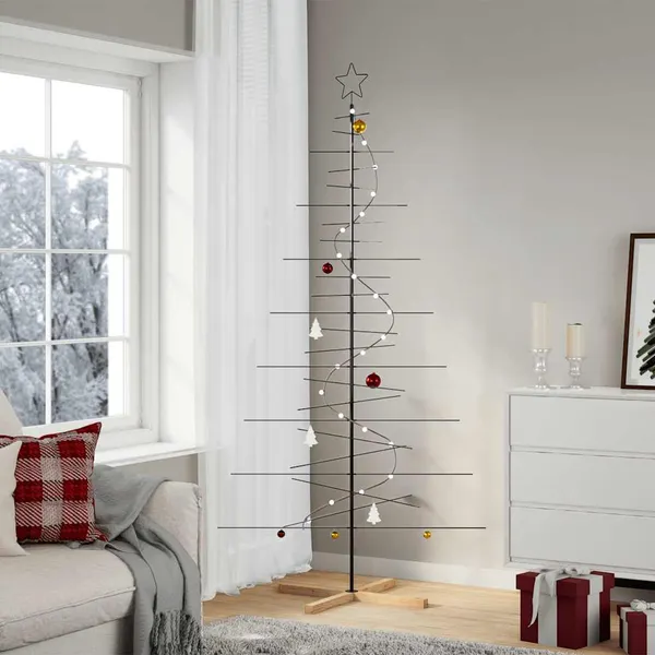 Árvore de Natal de metal com base em madeira 210 cm preto