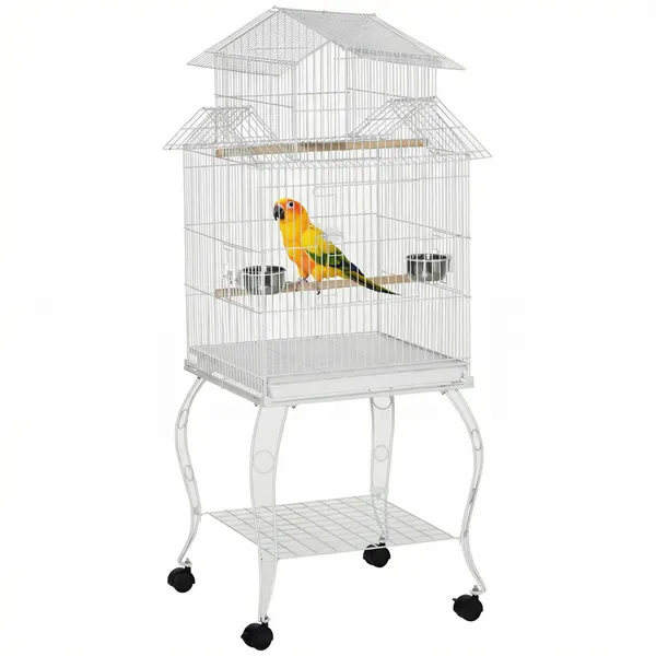 Gaiola para Pássaros com Rodas Gaiola Grande com Suporte 50x49x137cm com Bandeja Amovível Portas Comedouro Poleiro e Prateleira Inferior Branco
