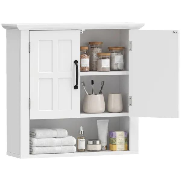 Armário de Parede para Casa de Banho Móvel Suspenso para Casa de Banho com 2 Portas e Prateleira Ajustável e Armazenamento Aberto 60x19,8x58 cm Branco
