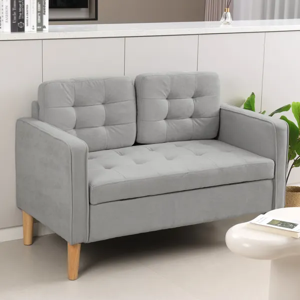 Sofá de 2 Lugares con Espacio de Almacenamiento Sofá Moderno en Veludo con Pés de Madeira Encosto Capitonê para Sala Habitación o Oficina 117x62x78 cm Cinzento Claro