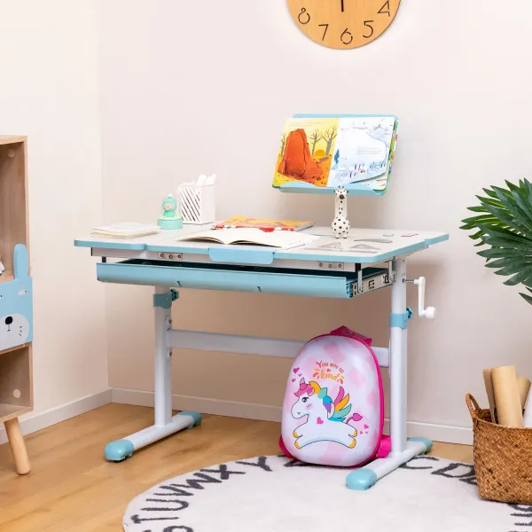 Bureau Enfant Réglable en Hauteur avec Plateau Inclinable et Rangement Ergonomique