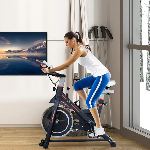 Bicicleta estática con Resistencia Ajustable Bicicleta Fitness con Volante de Inércia de 8kg Pantalla LCD Assento y Guíador ajustable Soporte para Tablet 103x48x115cm Negro