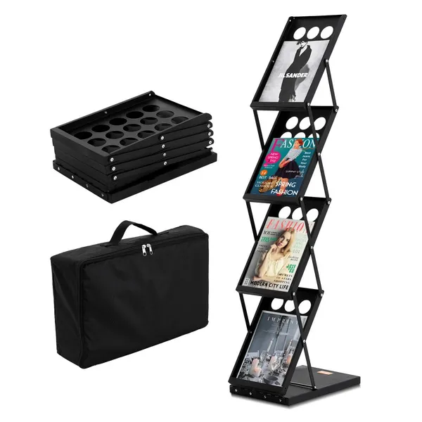 Suporte revistas 4 níveis, bolsos brochuras, saco transporte