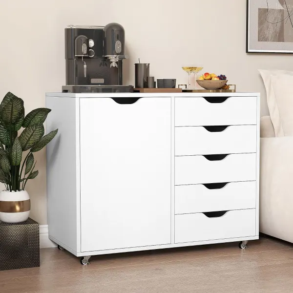 Archivador Móvil de 5 Cajones con 4 Ruedas Giratorias Armario Lateral con Puerta 78 x 40 x 65 cm