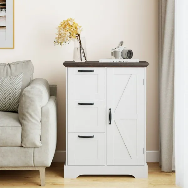 Armário de Chão Estilo Rústico com Porta de Celeiro e 3 Gavetas Branco