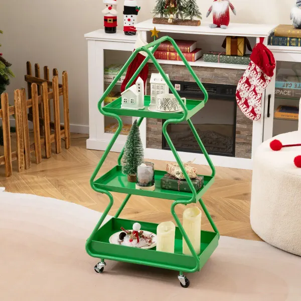 Carrinho de Armazenamento Árvore de Natal 3 Níveis com Estrela e Rodas Verde