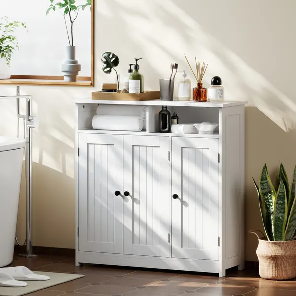 Armário de Casa de Banho Móvel de Casa de Banho Estreito com 3 Portas 2 Compartimentos Abertos Prateleira Ajustável para Sala de Estar Cozinha 85x30x85 cm Branco